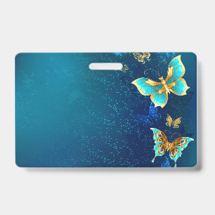 Golden Butterflies on a Blue Background ID Badge