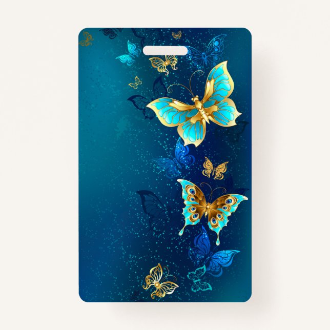 Golden Butterflies on a Blue Background ID Badge (Front)