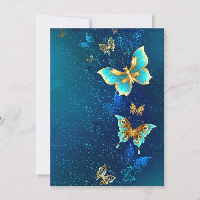Golden Butterflies on a Blue Background Invitation (Front)