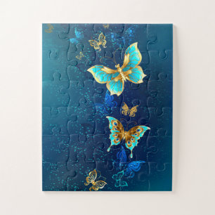 Golden Butterflies on a Blue Background Jigsaw Puzzle