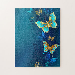 Golden Butterflies on a Blue Background Jigsaw Puzzle