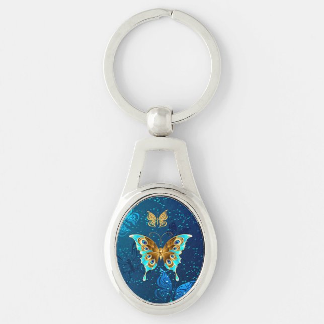 Golden Butterflies on a Blue Background Key Ring (Front)