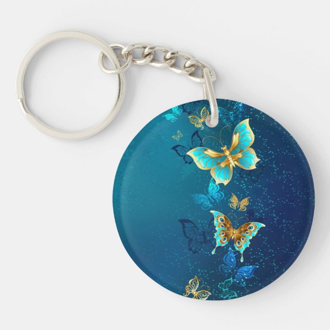 Golden Butterflies on a Blue Background Key Ring (Front)