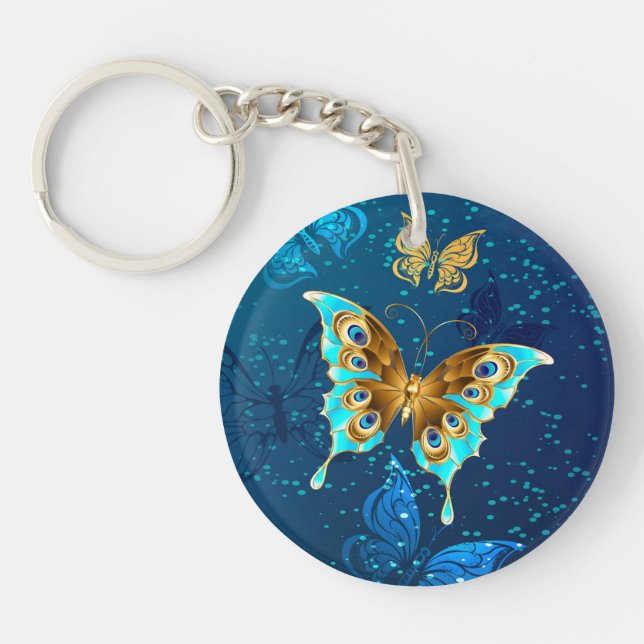 Golden Butterflies on a Blue Background Key Ring (Front)