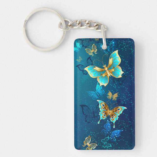 Golden Butterflies on a Blue Background Key Ring (Front)