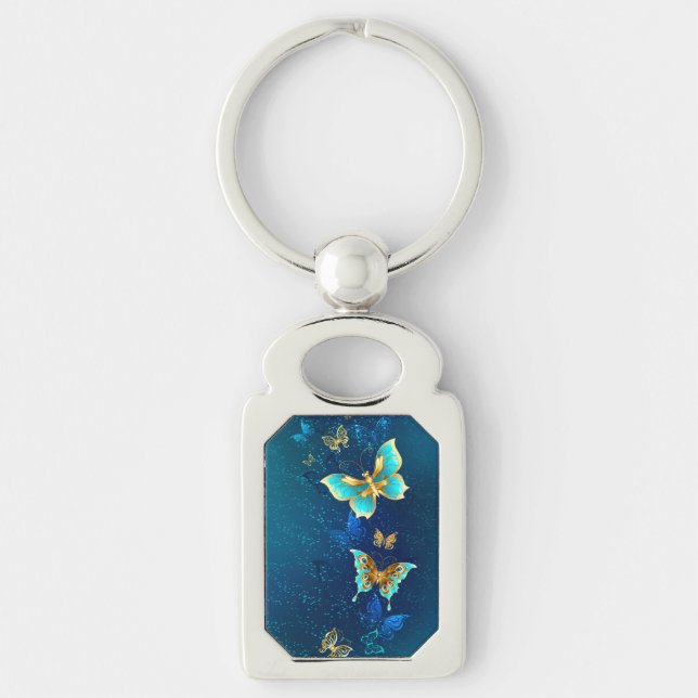 Golden Butterflies on a Blue Background Key Ring (Front)