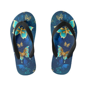 Golden Butterflies on a Blue Background Kid's Flip Flops