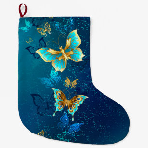 Golden Butterflies on a Blue Background Large Christmas Stocking