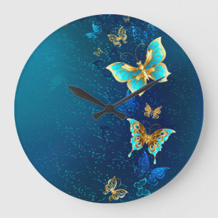Golden Butterflies on a Blue Background Large Clock