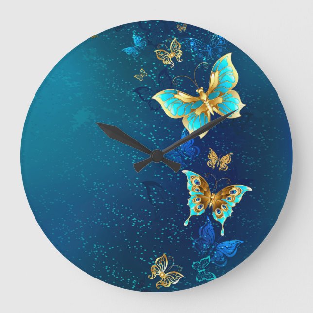 Golden Butterflies on a Blue Background Large Clock (Front)