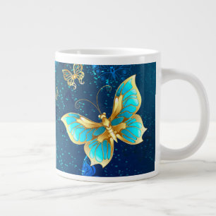 Golden Butterflies on a Blue Background Large Coffee Mug