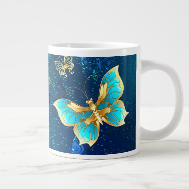 Golden Butterflies on a Blue Background Large Coffee Mug (Right)