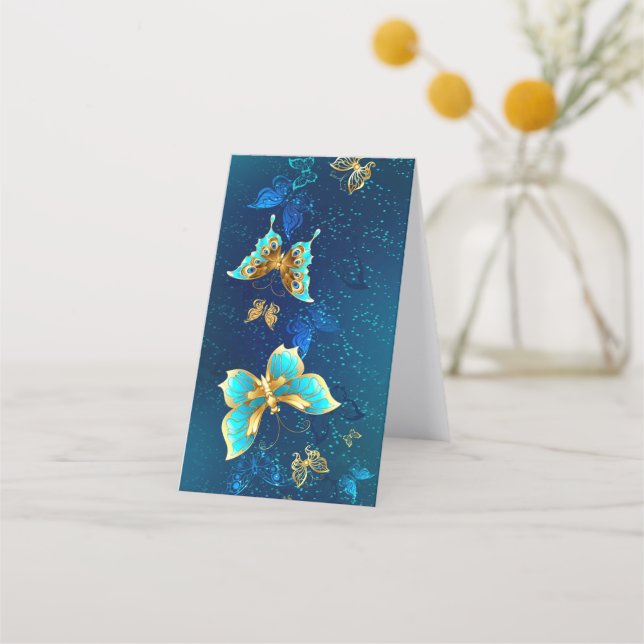 Golden Butterflies on a Blue Background Loyalty Card (Back)