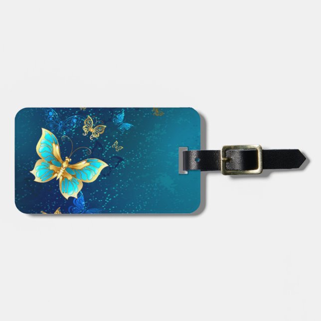 Golden Butterflies on a Blue Background Luggage Tag (Front Horizontal)