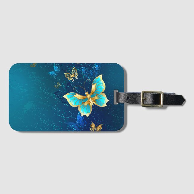 Golden Butterflies on a Blue Background Luggage Tag (Front Horizontal)