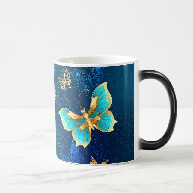 Golden Butterflies on a Blue Background Magic Mug (Right)