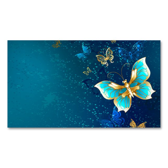 Golden Butterflies on a Blue Background Magnetic Business Card (Front)