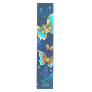 Golden Butterflies on a Blue Background Medium Table Runner