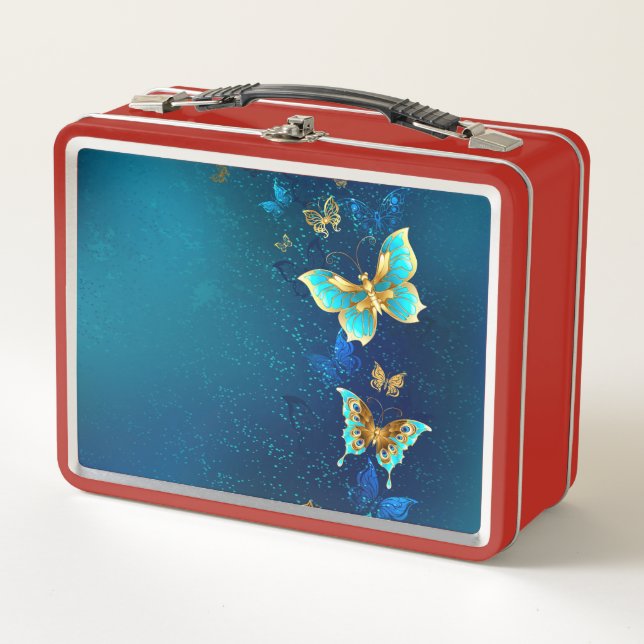 Golden Butterflies on a Blue Background Metal Lunch Box (Front)