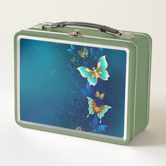 Golden Butterflies on a Blue Background Metal Lunch Box (Front)