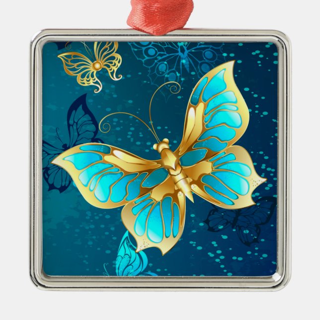 Golden Butterflies on a Blue Background Metal Tree Decoration (Front)