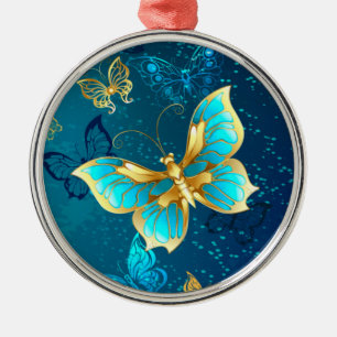 Golden Butterflies on a Blue Background Metal Tree Decoration