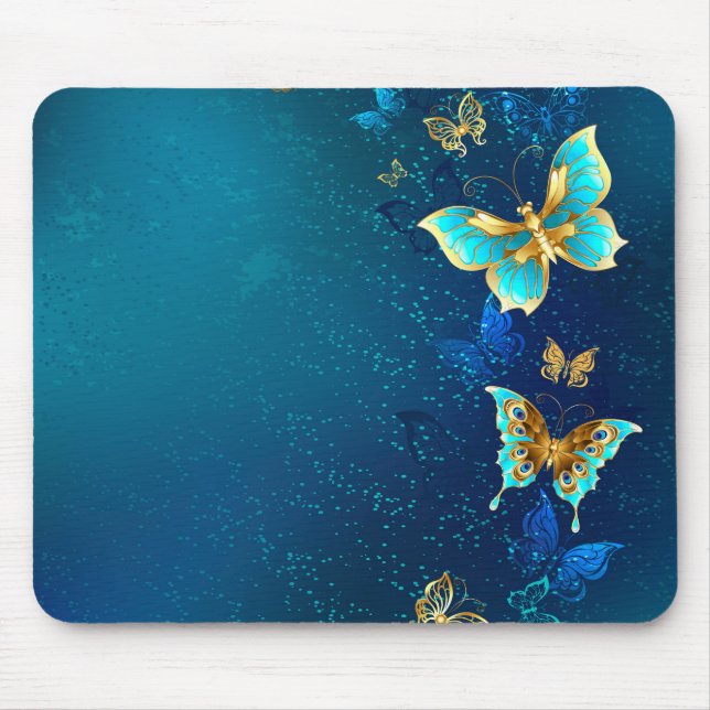 Golden Butterflies on a Blue Background Mouse Mat (Front)