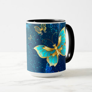 Golden Butterflies on a Blue Background Mug