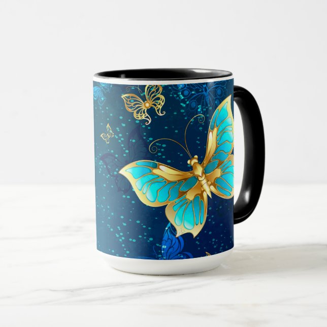 Golden Butterflies on a Blue Background Mug (Front Right)