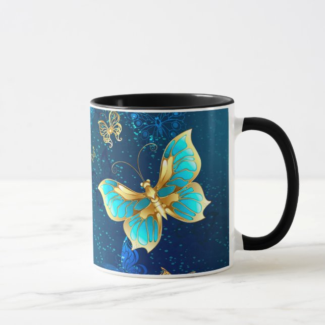 Golden Butterflies on a Blue Background Mug (Right)