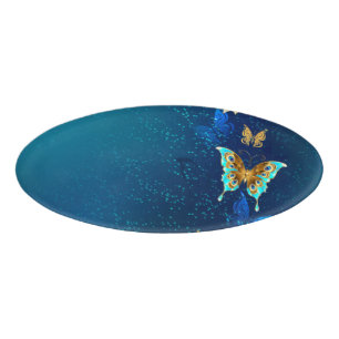 Golden Butterflies on a Blue Background Name Tag