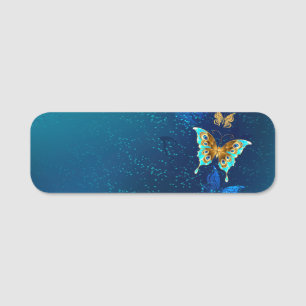Golden Butterflies on a Blue Background Name Tag
