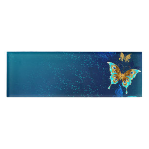 Golden Butterflies on a Blue Background Name Tag