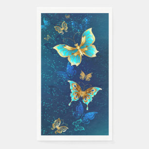 Golden Butterflies on a Blue Background Napkin