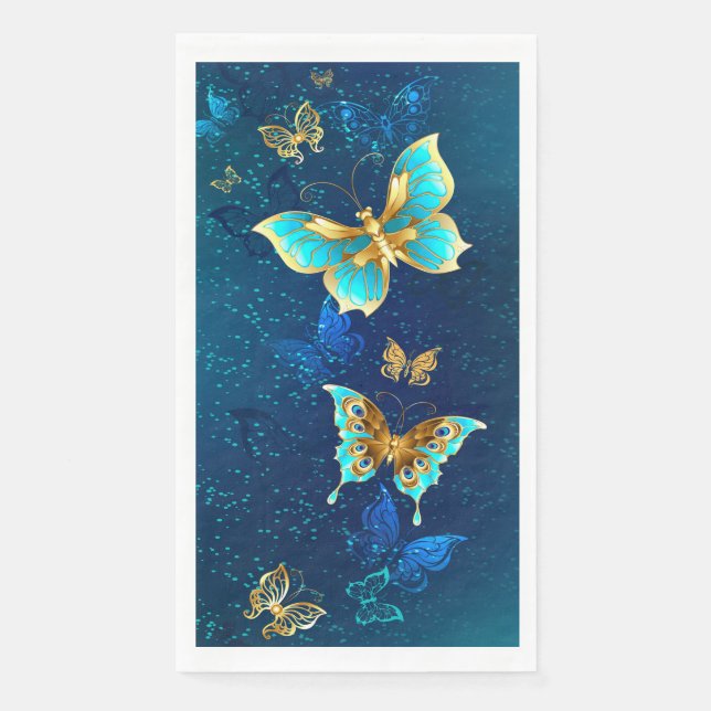 Golden Butterflies on a Blue Background Napkin (Front)