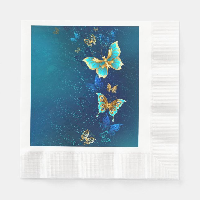 Golden Butterflies on a Blue Background Napkin (Front)