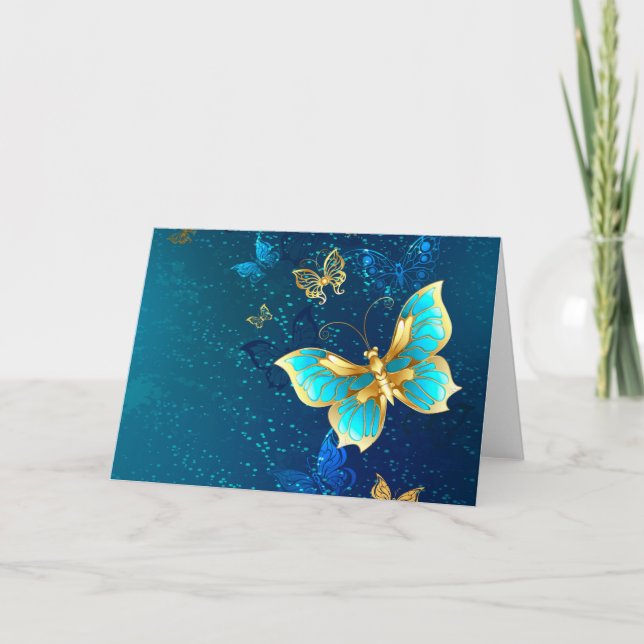 Golden Butterflies on a Blue Background Note Card (Front)