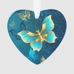 Golden Butterflies on a Blue Background Ornament