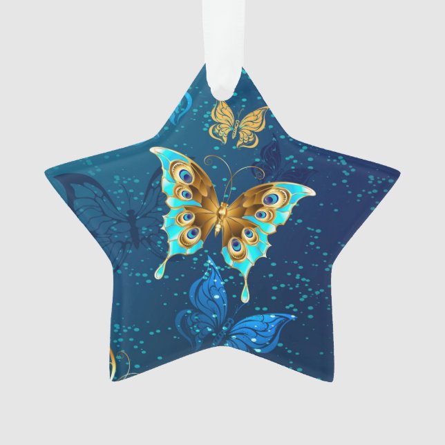 Golden Butterflies on a Blue Background Ornament (Front)