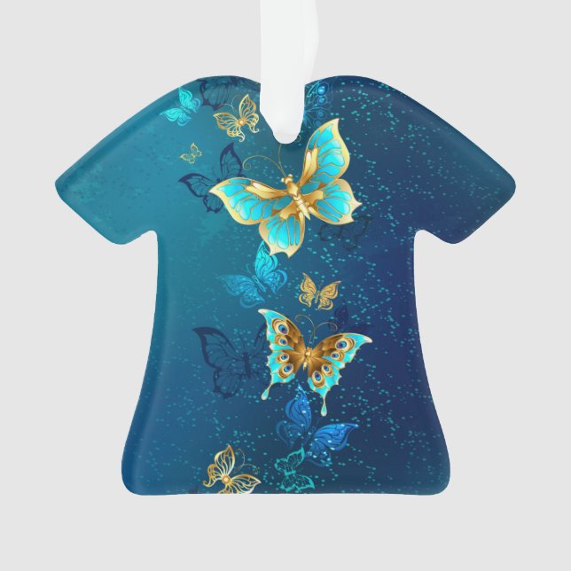 Golden Butterflies on a Blue Background Ornament (Front)