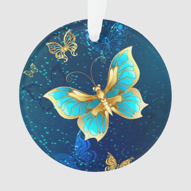 Golden Butterflies on a Blue Background Ornament (Front)
