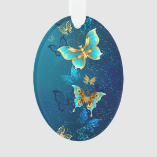 Golden Butterflies on a Blue Background Ornament