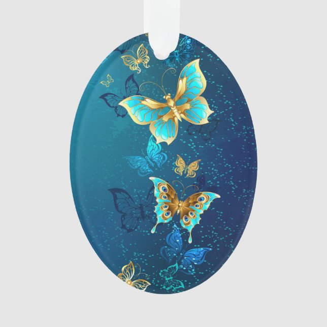 Golden Butterflies on a Blue Background Ornament (Front)