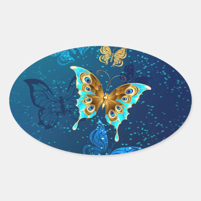 Golden Butterflies on a Blue Background Oval Sticker (Front)