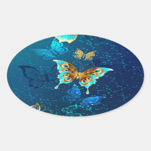 Golden Butterflies on a Blue Background Oval Sticker