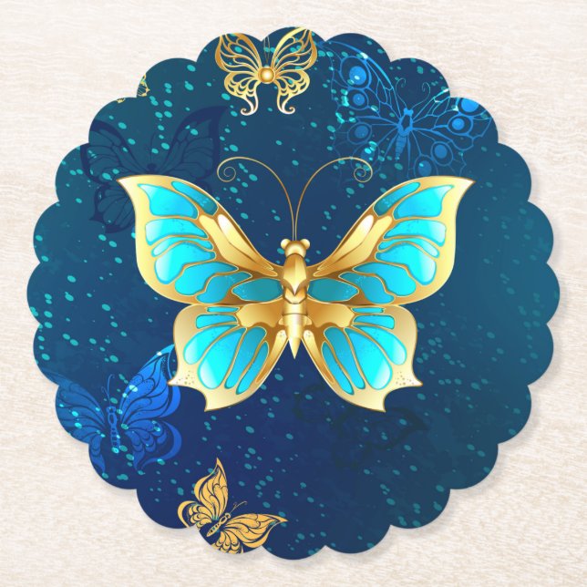 Golden Butterflies on a Blue Background Paper Coaster (Front)