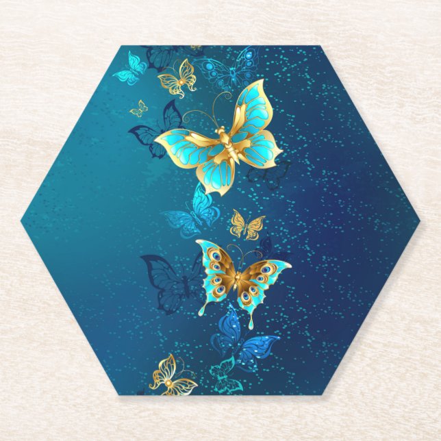 Golden Butterflies on a Blue Background Paper Coaster (Front)