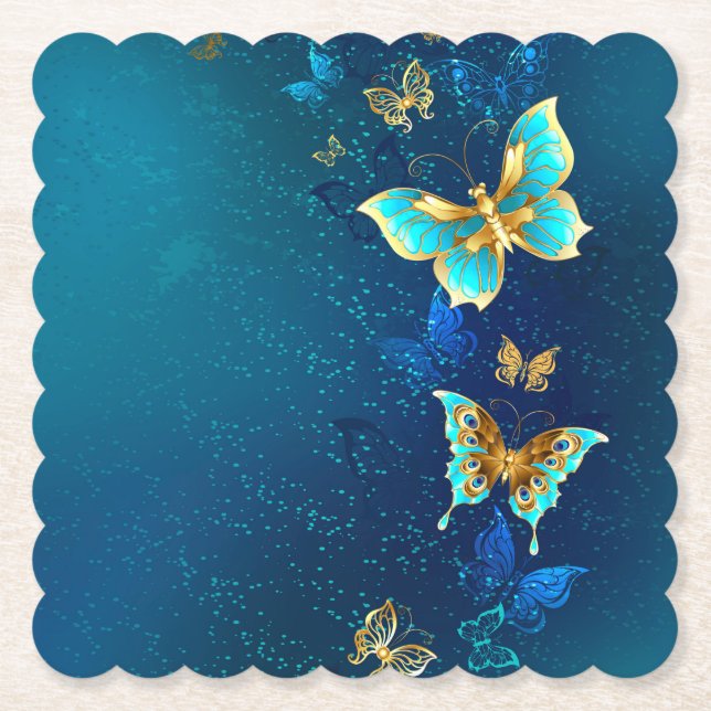 Golden Butterflies on a Blue Background Paper Coaster (Front)