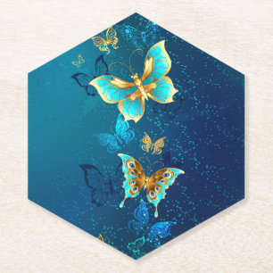 Golden Butterflies on a Blue Background Paper Coaster