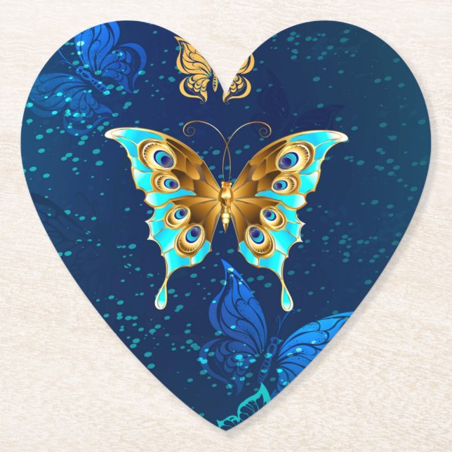 Golden Butterflies on a Blue Background Paper Coaster (Front)
